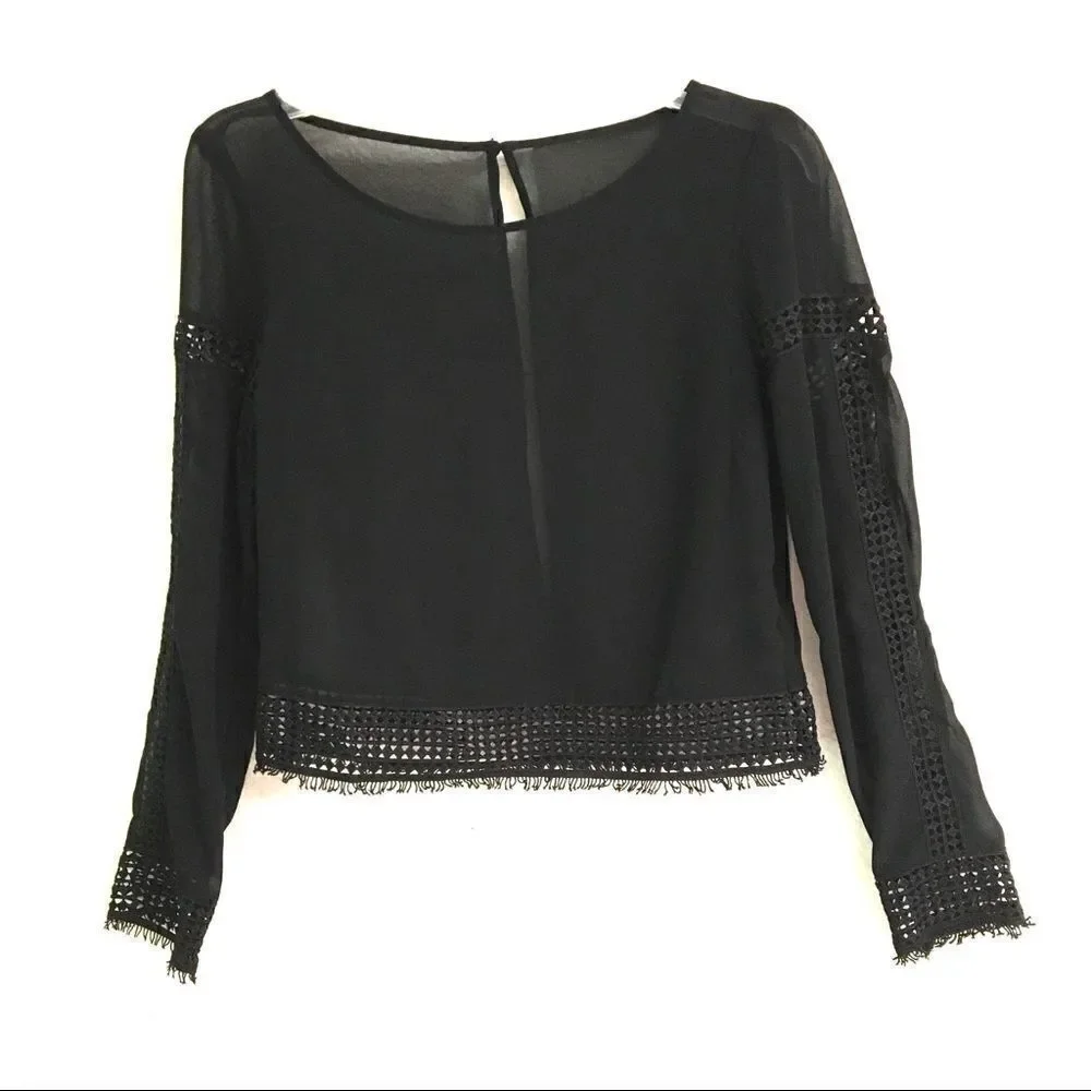 H&M black sheer lace long sleeve blouse S*